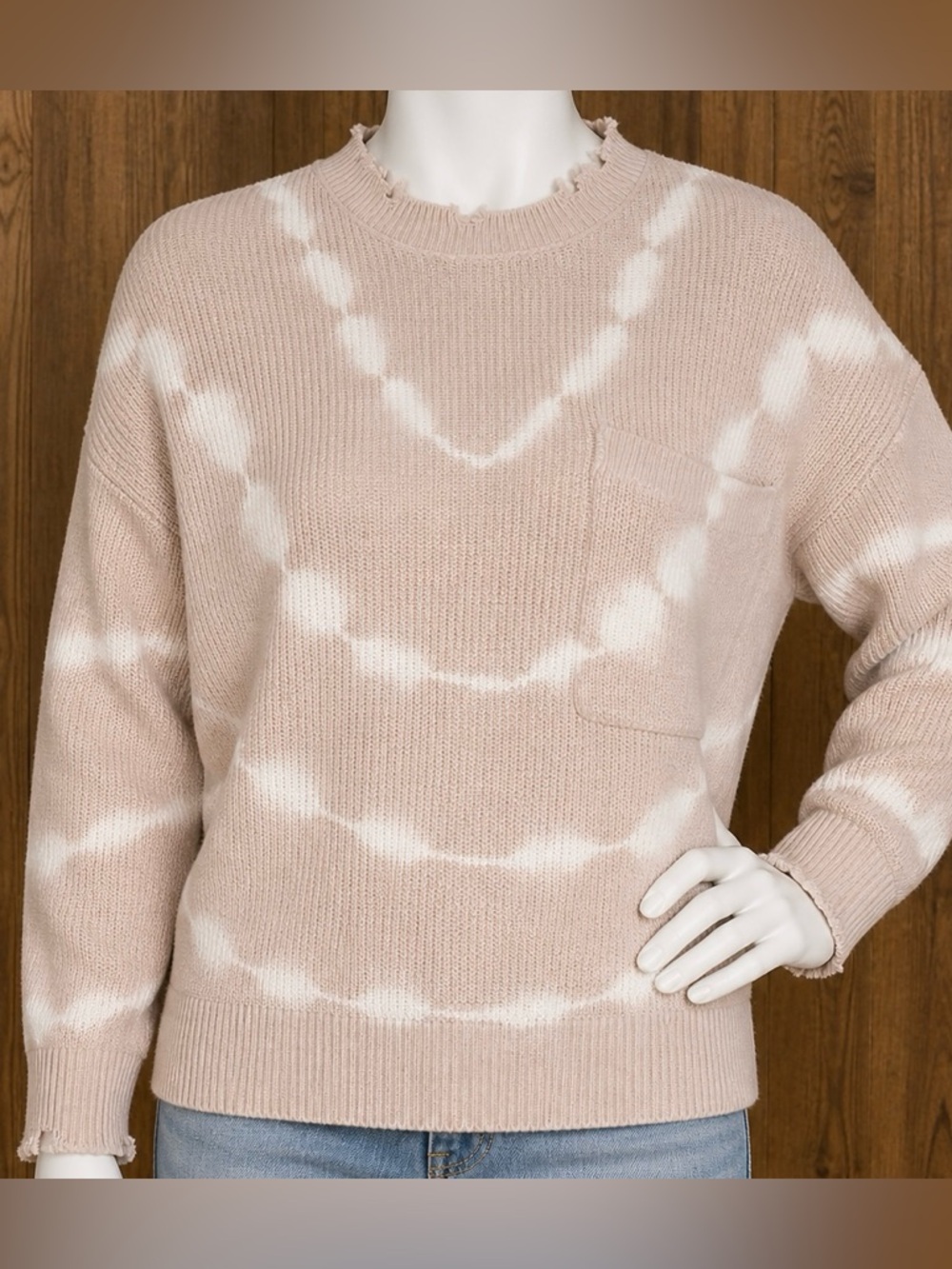 Pistola Beige & White Tie-Dye Crewneck Knit Sweater. Distressed look. Cozy